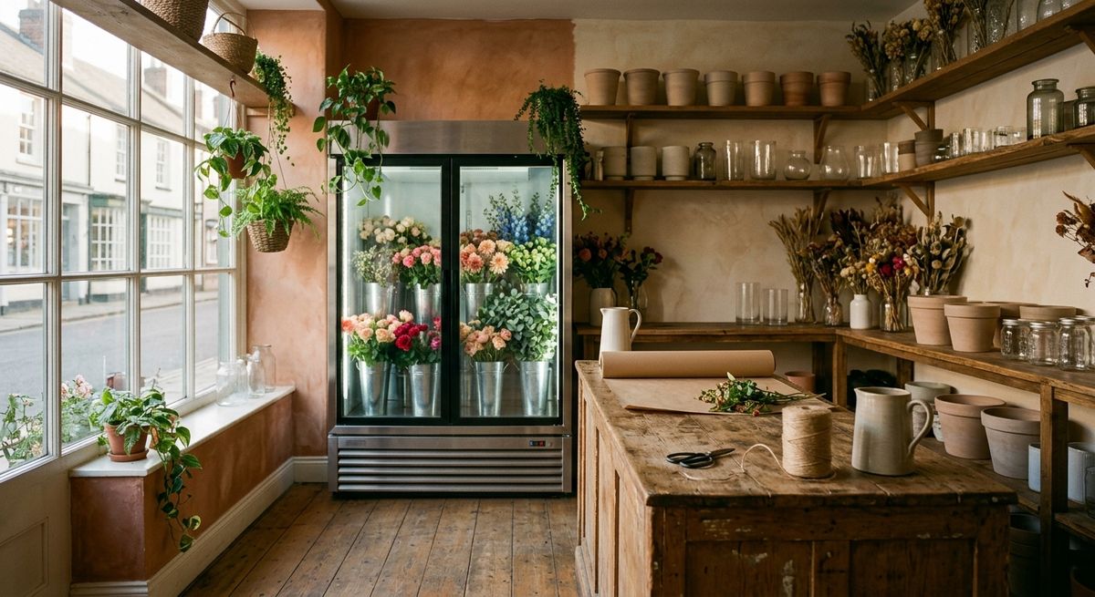 Flower shop interior with a terracotta wall, clay pots on wooden shelves, and a glass-front cooler