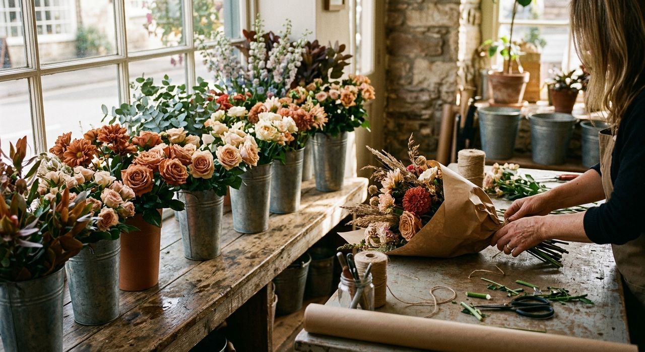 Buckets of rust and cream cut flowers along a wooden bench while a bouquet is wrapped in kraft paper