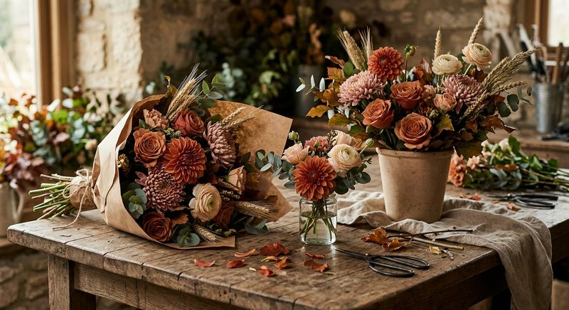 Three finished arrangements on a weathered table: a kraft-wrapped bouquet, a clay vase, and a glass jar posy